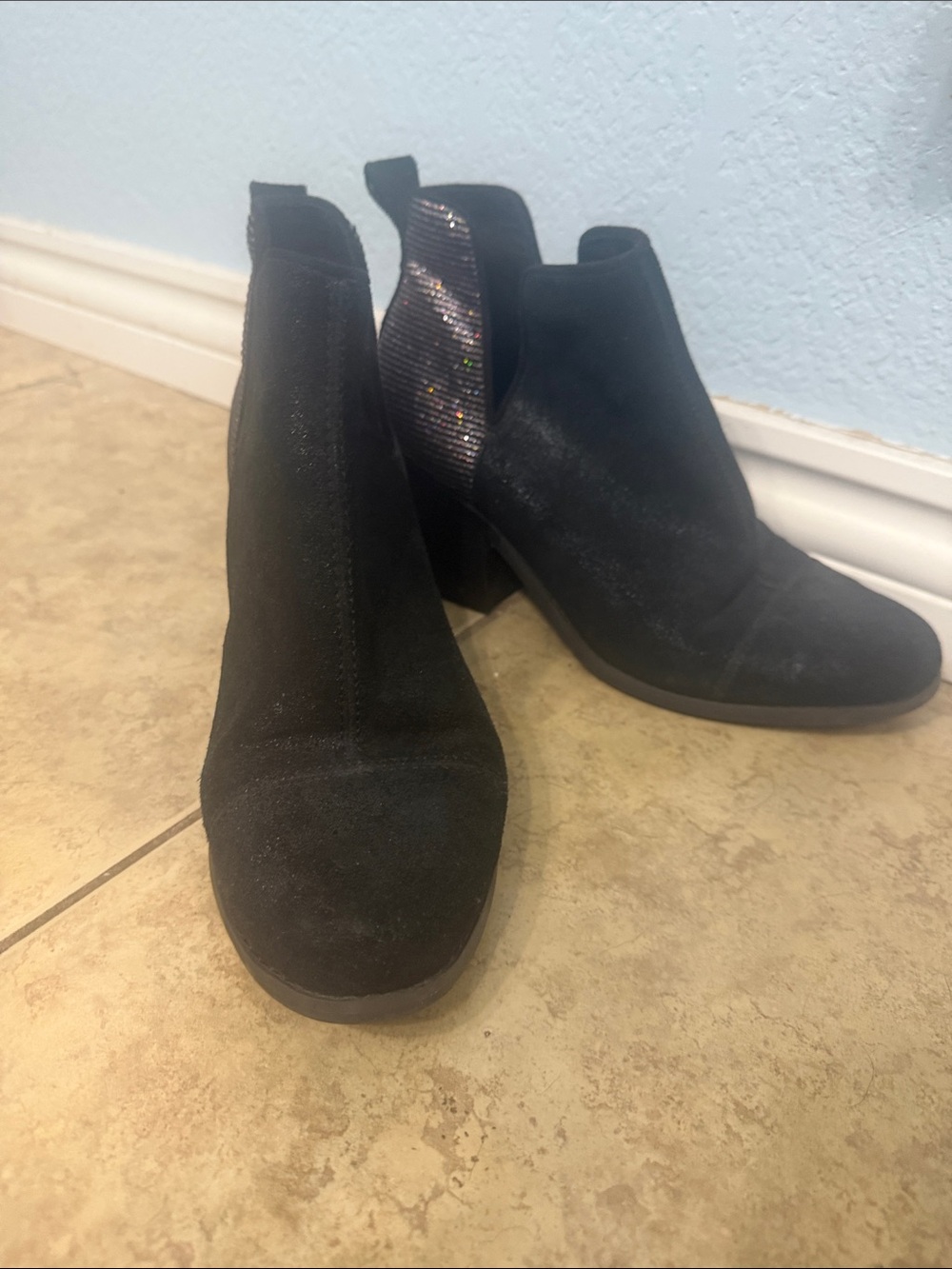 Toms Black Suede Ankle Booties with Sparkle Heel Panel